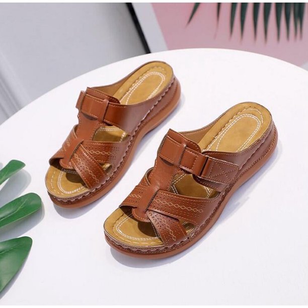 2023 Summer Women Wedge Sandals Premium Orthopedic Open Sandals Vintage Anti-Slip Pu Leather Casual