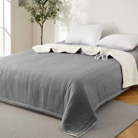 Electric Heated Blanket King Size 90"x100", Dual Control Waffle Weave & Sherpa Heating Blanket with 10 Heat Levels, 1-12H Timer Auto Shut Off, Machine Washable, Cozy Gift for Bed Sofa Office