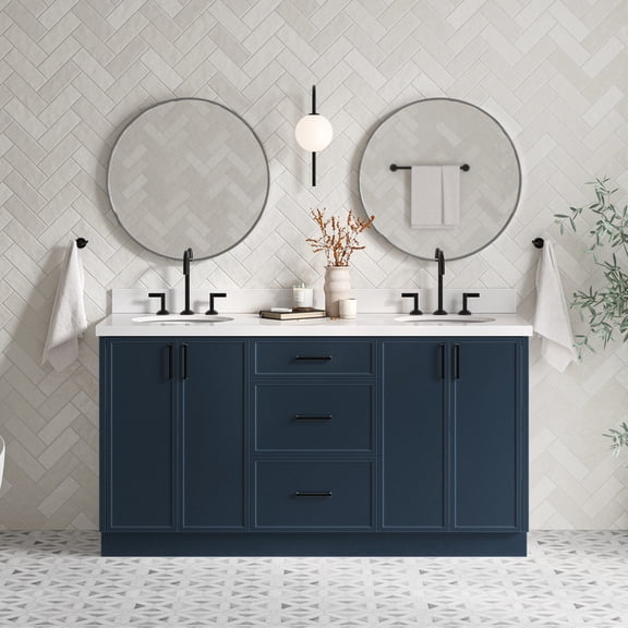 Ariel Kelly 67 Inch Double Oval Sink Bathroom Vanity With Pure White Quartz Countertop 1.5 inch Edge In Midnight Blue
