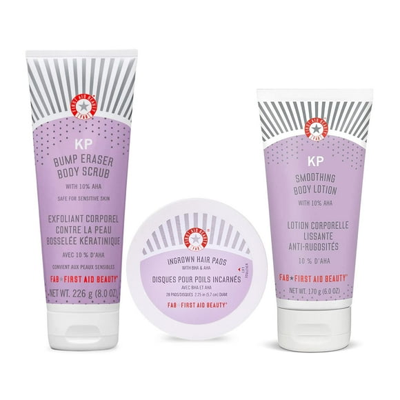 First Aid Beauty - Smooth Operators Trio: KP Bump Eraser Body Scrub, 8 oz, Smoothing Lotion, 6oz, and Ingrown Hair Pads, 28 Pads, Deep Moisture Exfol