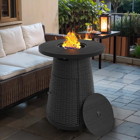 31.5 in. Black Wicker Propane Fire Pit Table, 40,000 BTU Outdoor Firepit with Lid, Round Bar Height
