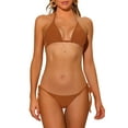 thumbnail image 1 of Conjuntos de bikini de lado atado con halter INSPIRE CHIC para mujer, traje de baño de 2 piezas con parte inferior triangular de cintura baja, color marrón, talla X-Small, 1 of 5