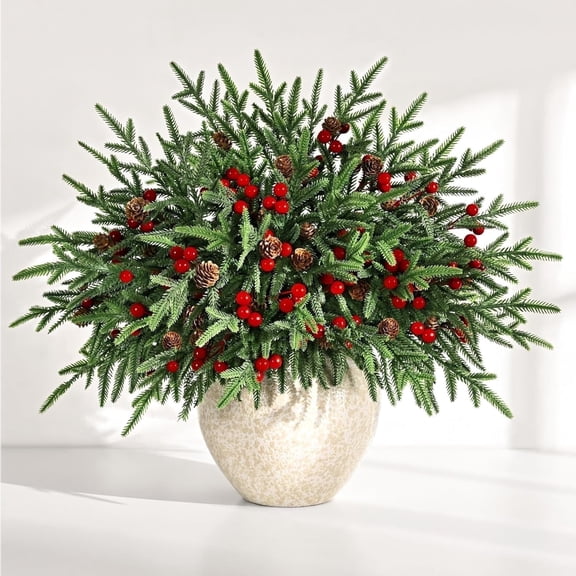 Yastouay 5pcs Christmas Norfolk Pine Stem,Artificial Chriatmas Pine Picks with Berries Pinecones for Christmas Decor