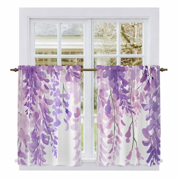 Spring Flowers Tier Curtains, Purple Lavender Floral Modern Pastoral Light Filtering Kitchen Curtains, 2Pcs Rod Pocket Half Window Treatments Panels for Sink Cafe Cabinet Basement 27.5x45 Inches