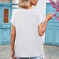 thumbnail image 4 of Top de manga de murciélago corta con cuello en V, ribete de encaje satinado, elegante, transpirable, suelto, Top de verano para mujer para el trabajo, Blanco XL, 4 of 6