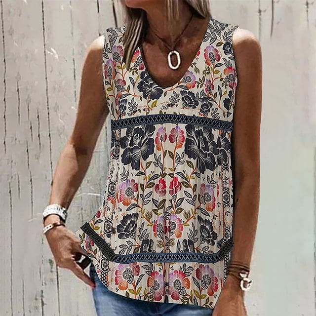 EQWLJWE Débardeurs Sans Manches pour Femmes, Mode Été, Col en V, Imprimé, Blouse Décontractée