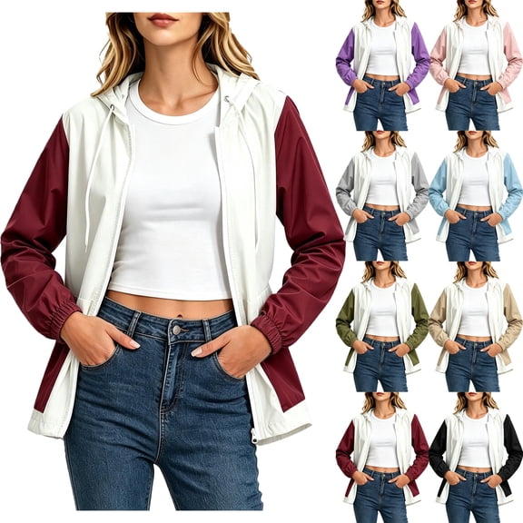 Women's Oversized Rain Jackets Waterproof Trendy Hooded Solid Long Sleeved Zipper Jacket Top Blouse Casual Pocket Coat