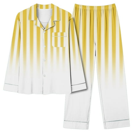 Riecok Sleep Sets for Women Turndown Collar Sleepwear for Women Pockets Striped Comfywear Pajamas Loose Sexy Soft Casual PJ Set Cozy Trendy Outfits Sleepwear Two Piece Yellow M