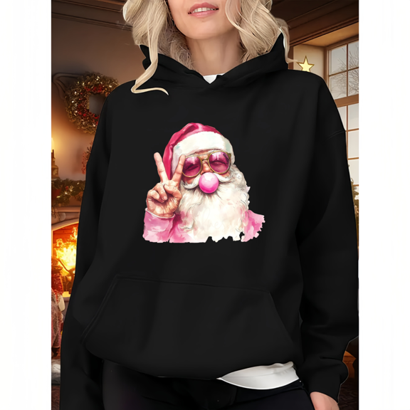 Christmas pink cute glasses, blowing bubbles, happy Santa Claus, Hooded long-sleeved cotton black S-2XL