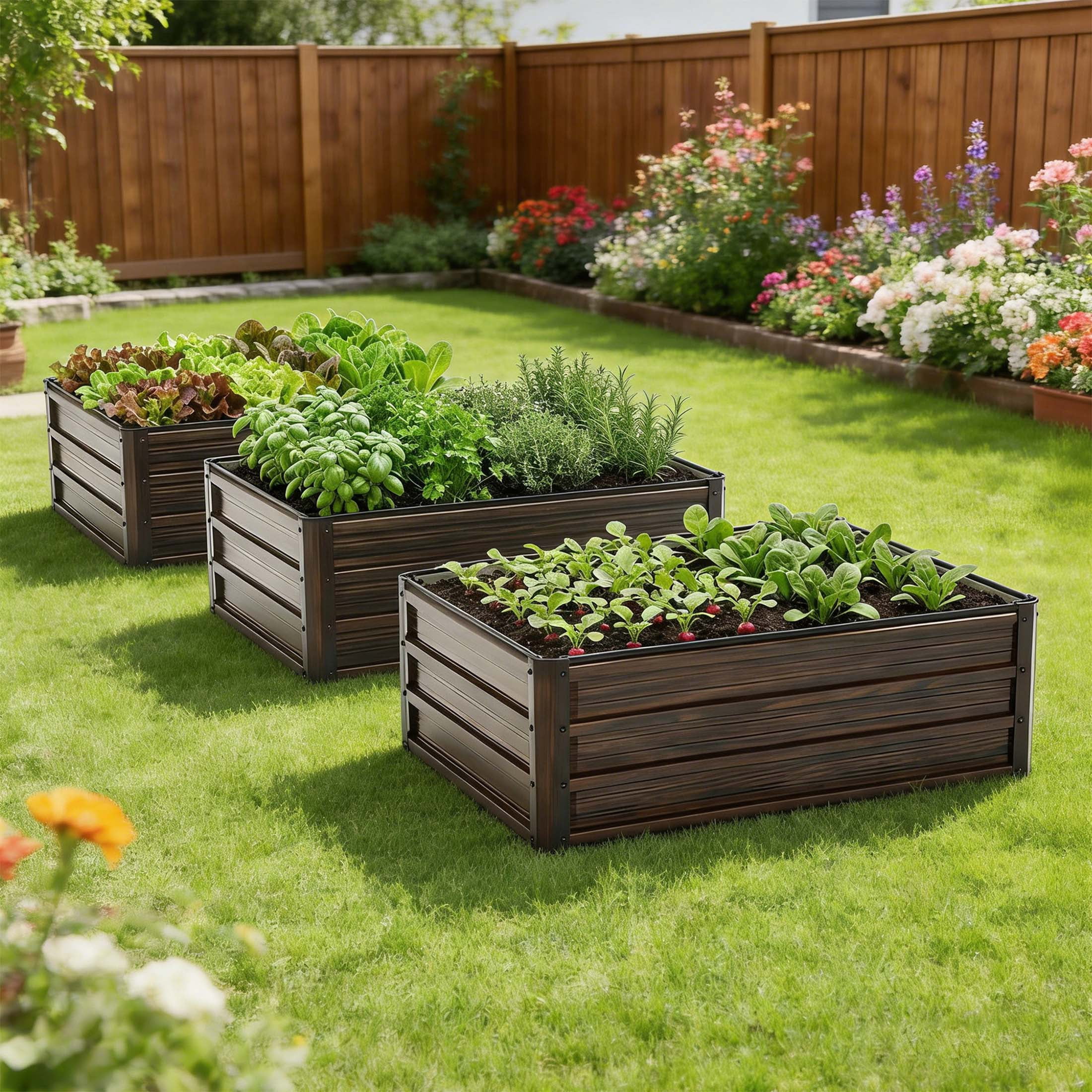LZBEITEM 3-Pack Galvanized Raised Garden Bed, 4x3x1ft Metal Planter Box for Outdoor Vegetables, Herbs & Flowers, Wood Grain Brown
