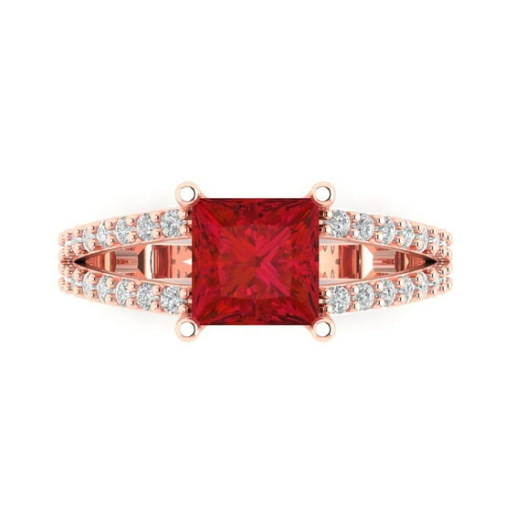 2.43ct Princess Cut Red Ruby 14k Pink Rose Gold Engraving Statement Bridal Wedding Designer Ring Size 7.5