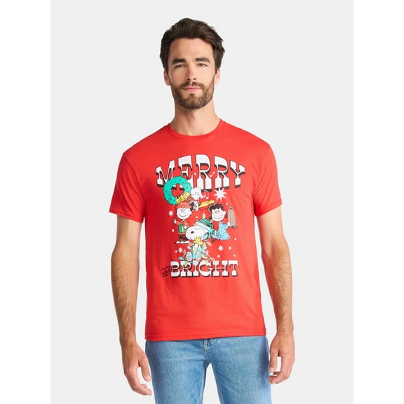 Peanuts Merry and Bright Mens's and Big Men's Holiday Graphic Tee, Sizes S-3XL