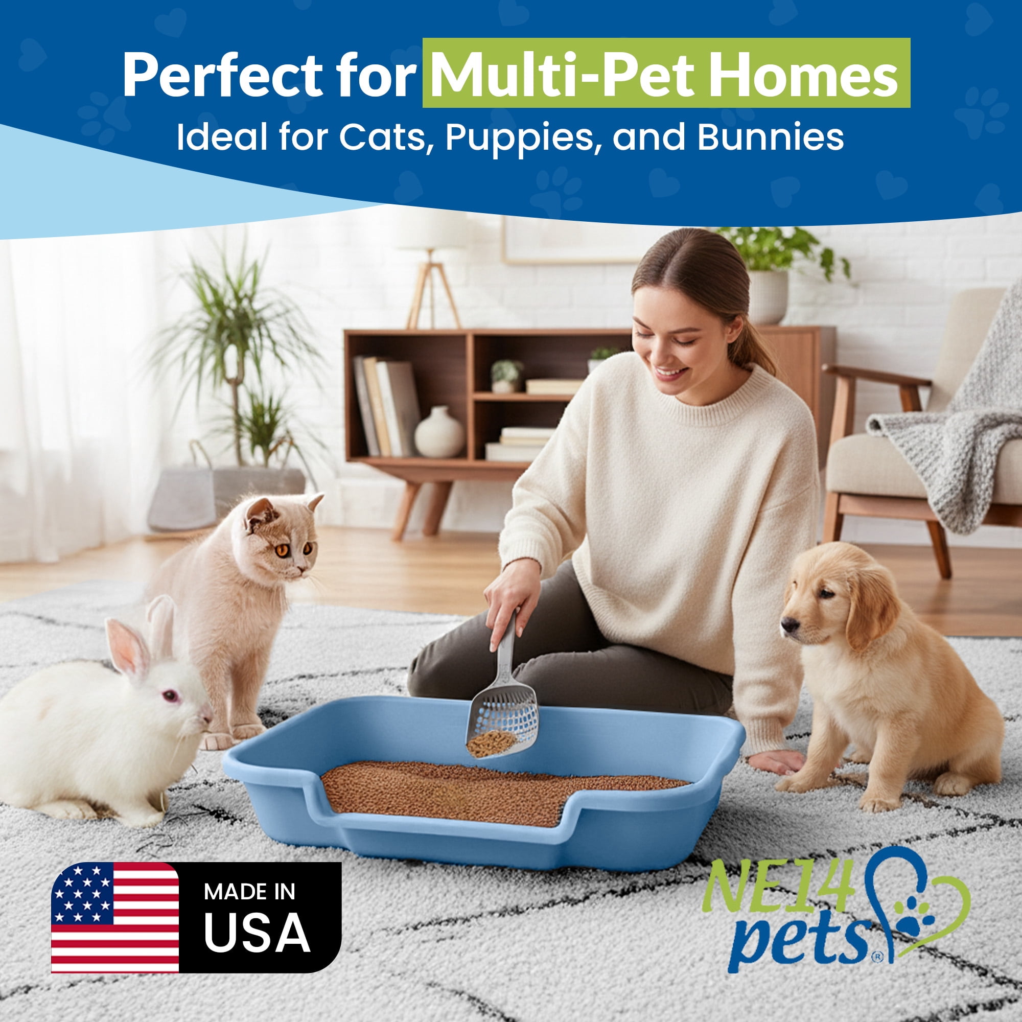 KittyGoHere Senior Cat Litter Box, 1 Large Blue, Low Entry Litter Box for Cats & Kittens, Made in USA – Open Top, Cat Supplies for Senior Cats, Arthritis or Mobility Issues