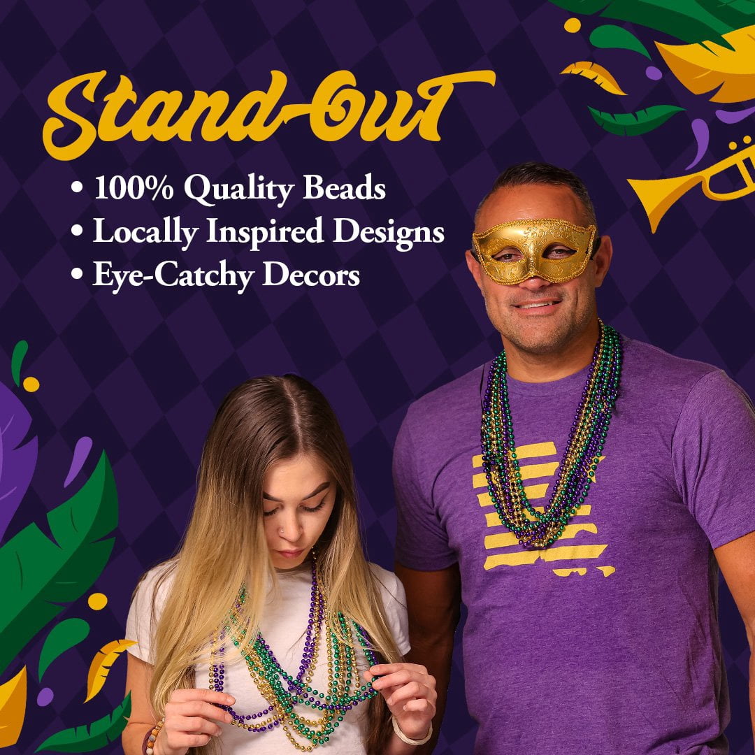THE MARDI GRAS KREWE - Mardi Gras Beads - 33" 7mm, 120 Necklaces Purple, Green, Gold - Bulk Pack for Party Favors, Decorations, Crafts