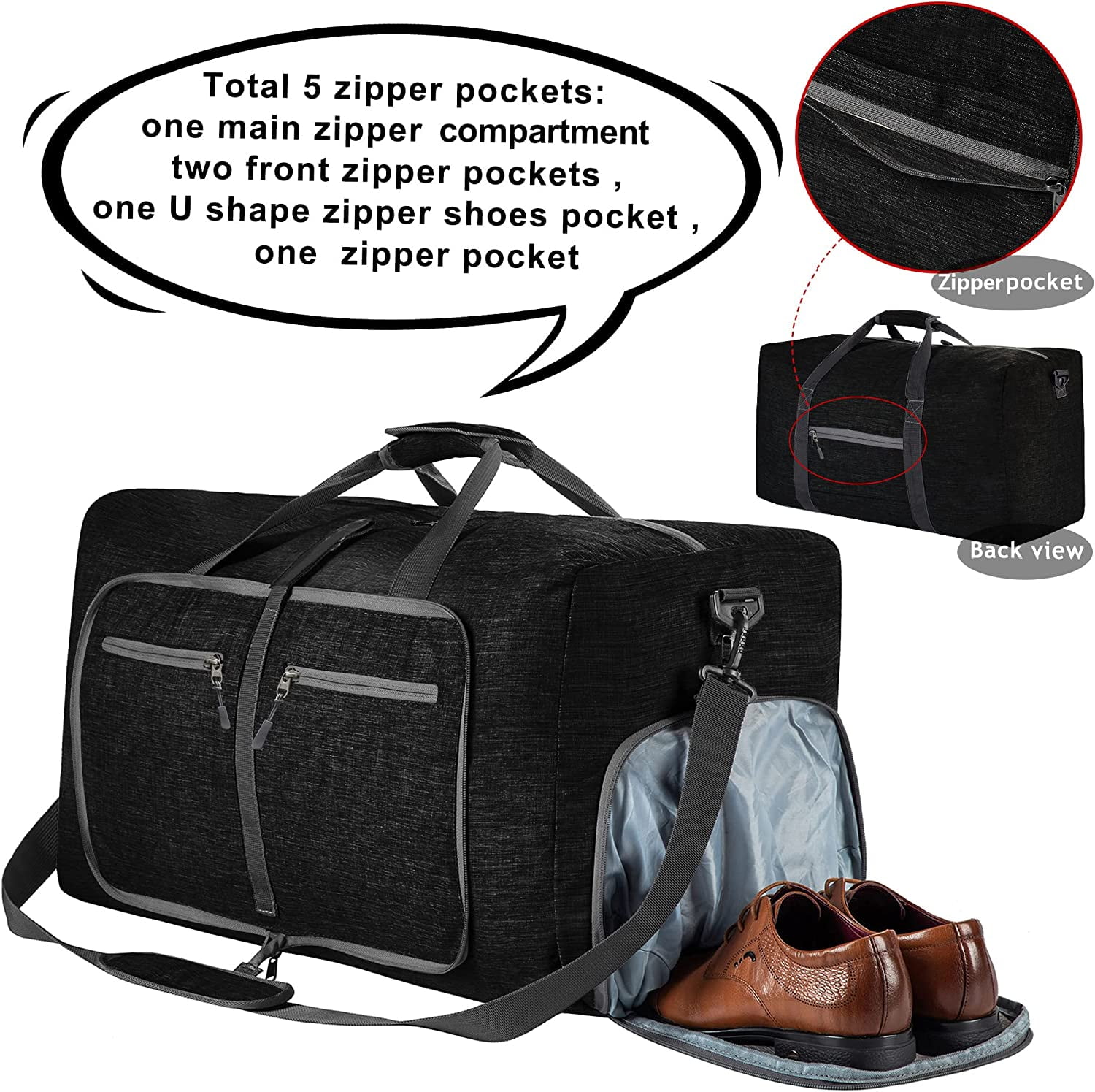 80L Large Foldable Travel Duffle Bag, 28" Black Duffel Bag for Men Women, Foldable Gym Bag with Shoes Compartment, Overnight Bags Waterproof & Tear Resistant