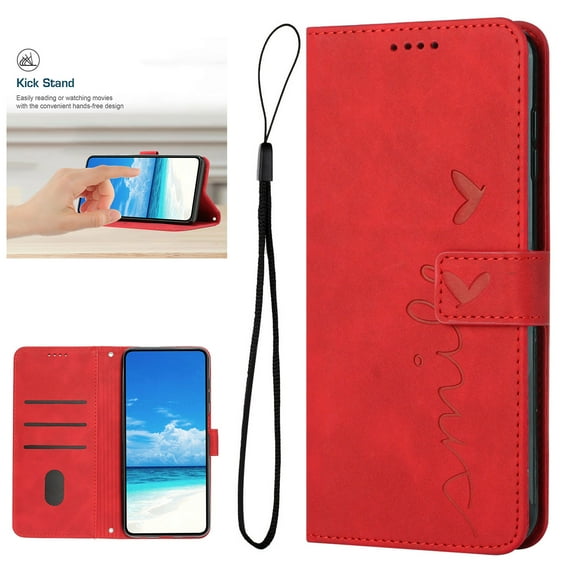 Designed for iPhone 16 Plus Case Wallet, Women Flip Folio Cover with Embossed PU Leather Stand Credit Card Holders Slots Wrist Strap Phone Case Skin Friendly for iPhone 16 Plus, Red