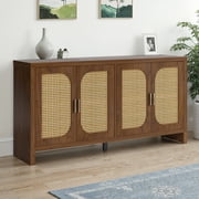 Rattan Sideboard with Storage, Buffet Cabinet with 4 Doors, TV Console with Adjustable Shelves for Living Room, Kitchen, Entryway