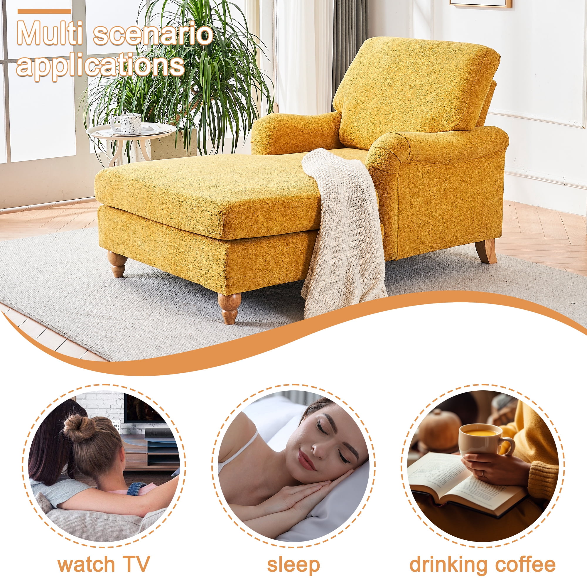 Aukfa Modern Oversized Chaise with Adjustable Backrest, Sleeper Chair Sofa Recliner for Living Room, Yellow