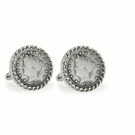 American Coin Treasures Liberty Nickel Silvertone Rope Bezel Cuff Links