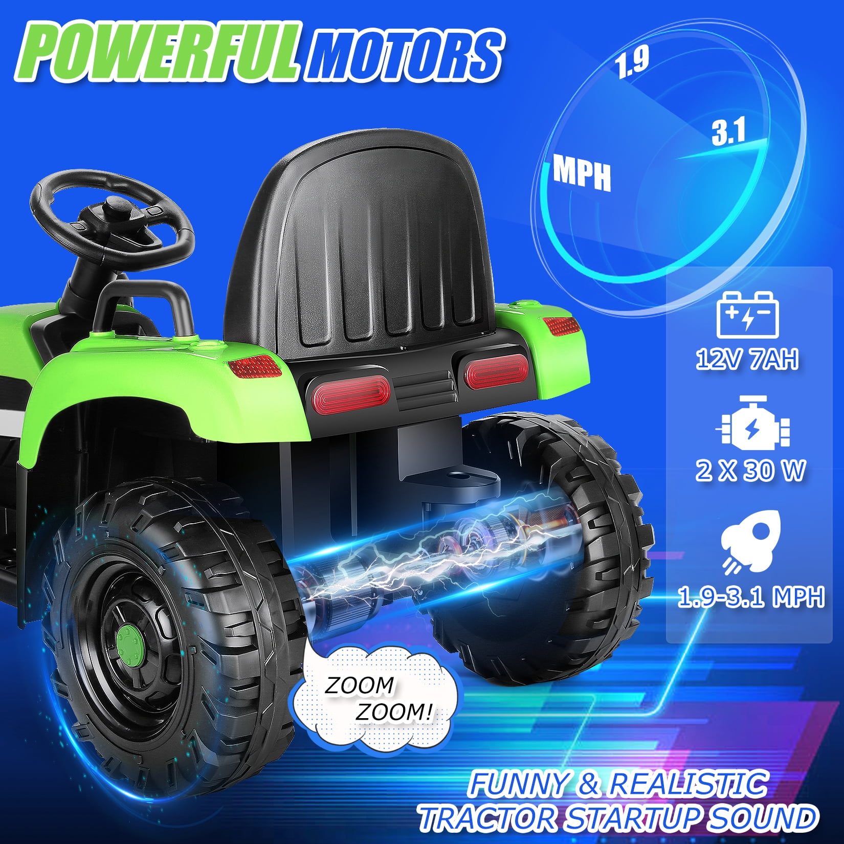 Funcid 12V Kids Ride on Tractor with Trailer 7AH Battery Powered Tractor Electric Car for Toddler, Ride on Toys Motorized Vehicle with Parents Remote Control, Bluetooth, 3 Speeds, 11-LED Lights Green