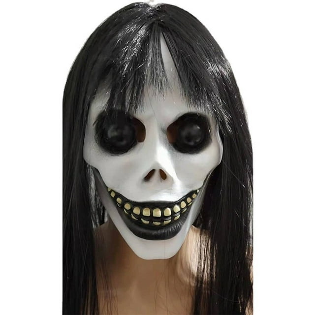Mascarilla facial de látex Scary Skull con cabello negro para mujer