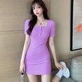 thumbnail image 3 of Femmes Vintage Mini Robe Sexy Col Carré Bodycon Manches Courtes Couleur Unie Clubwear Vestidos Violet S, 3 of 3