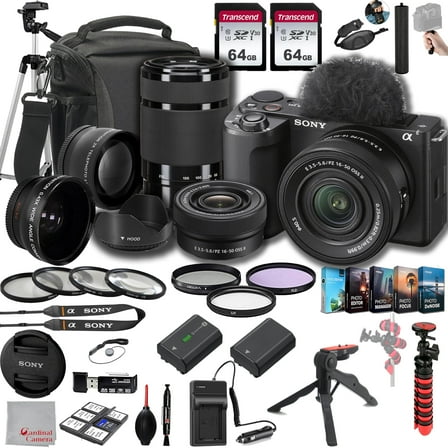 Sony ZV-E10 II Mirrorless Camera with 16-50mm   55-210mm Lenses, 128GB Memory,.43 Wide Angle & 2X Lenses, Case. Tripod, Filters, Hood, Grip,Spare Battery & Charger, Software Kit -Deluxe Bundle