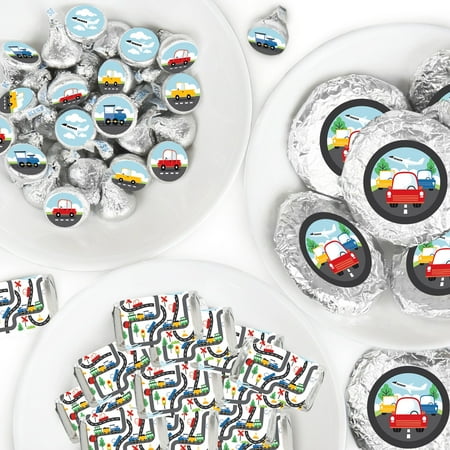 Big Dot of Happiness Cars, Trains, and Airplanes - Mini Candy Wrappers & Stickers - Transportation Birthday Party Candy Favor Sticker Kit - 304 Pieces