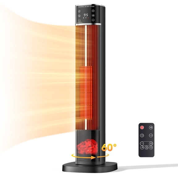 SHOUFTW 32" Electric Ceramic Space Heater for Indoor Use, 1500W Tower Heater for Home Office, 60° Oscillation with Remote, Adjustable Thermostat, 15H Timer, Black