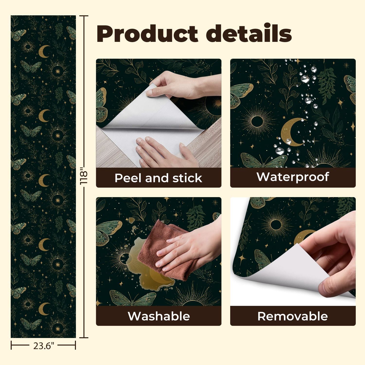 Peel and Stick Wallpaper 23.6in x 9.8ft Butterflies Floral Moon Phases Gold Accents Contact Paper Vinyl Waterproof Self Adhesive Wall Paper for Bedroom Shelf Cabinet Renter Friendly