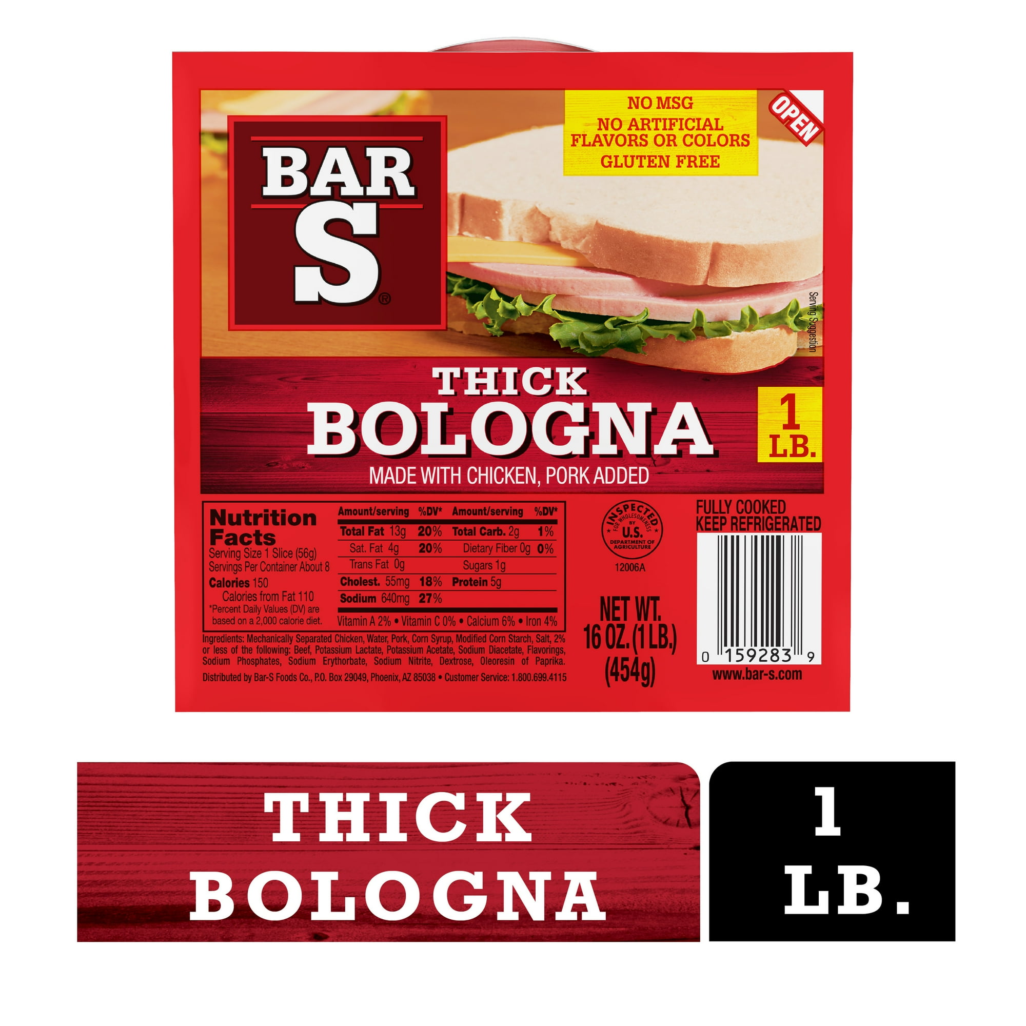 Bar-S Thick Bologna, Sliced Deli Lunch Meat, 1 lb