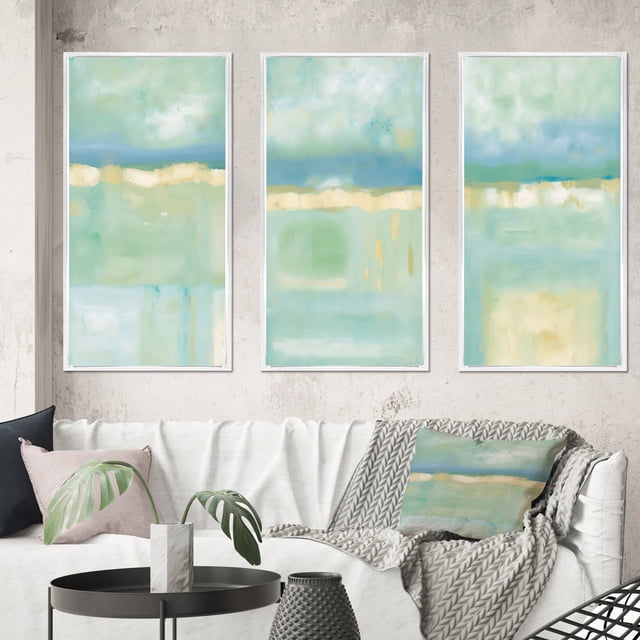 Designart "Landscape of Olive Sprigs - Nature's Canvas I" Abstract Liquid Ink Framed Wall Art Set Of 3 - Blue Modern Frame Canvas Set For Living Room Decor