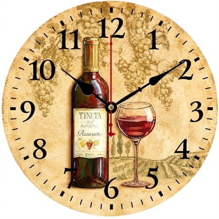 9.84 Inch Wall Clock, Wine Bottle and Glass Decorative Round Analog Clock, Battery Operated Kitchen Wall Decor, Rustic Farmhouse Vineyard Clock for Living Room Dining Room Home Office