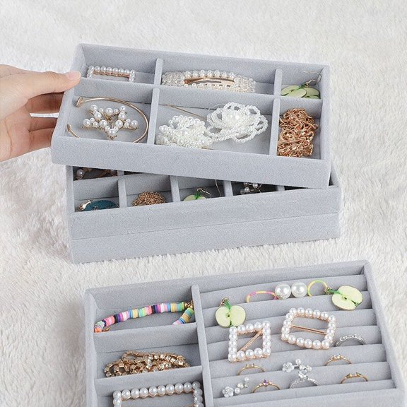 Earring Jewelry Organizer - Flannel Jewelry Box for Women,Stackable Velvet Earring Display Case Earrings Ring Bracelet Necklace Holder Gift for Women, Grey