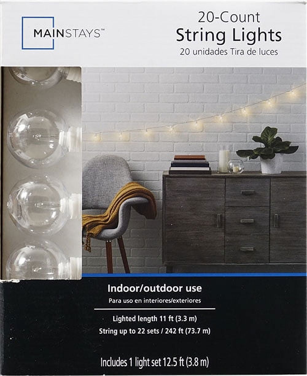 Mainstays 20-Count Indoor Outdoor Incandescent String Lights, with White Cord, AC-Powered, 6 Volts