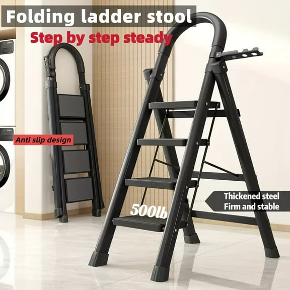 1 Heavy-duty 3/4/5-step Portable Folding Ladder, 500 Lbs Weight Capacity, Durable Plastic Folding Ladder With Non-slip Steps, Lightweight And Portable, Suitable For Both Household And Industrial Use