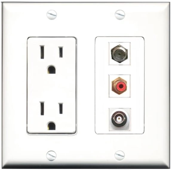 RiteAV - 15 Amp Power Outlet 1 Port RCA Red 1 Port Coax 1 Port BNC Decorative Wall Plate