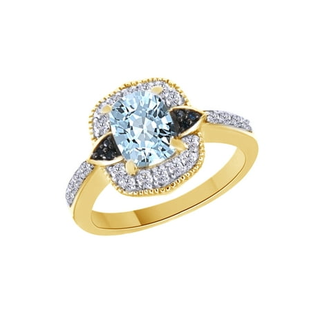 Simulated Aquamarine & Blue Beryl CZ & White Cubic Zirconia Halo Ring In 14K Yellow Gold Over Sterling Silver (1.44 Cttw) By Jewel Zone US