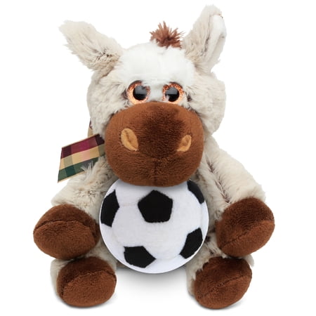 DolliBu Floppy Donkey Stuffed Animal with Soccer Ball Plush - Soft Huggable Donkey Adorable Playtime Plush Toy Cute Farm Life Gift Super Soft Plush Doll Animal Toy for Kids and Adults - 7 Inches