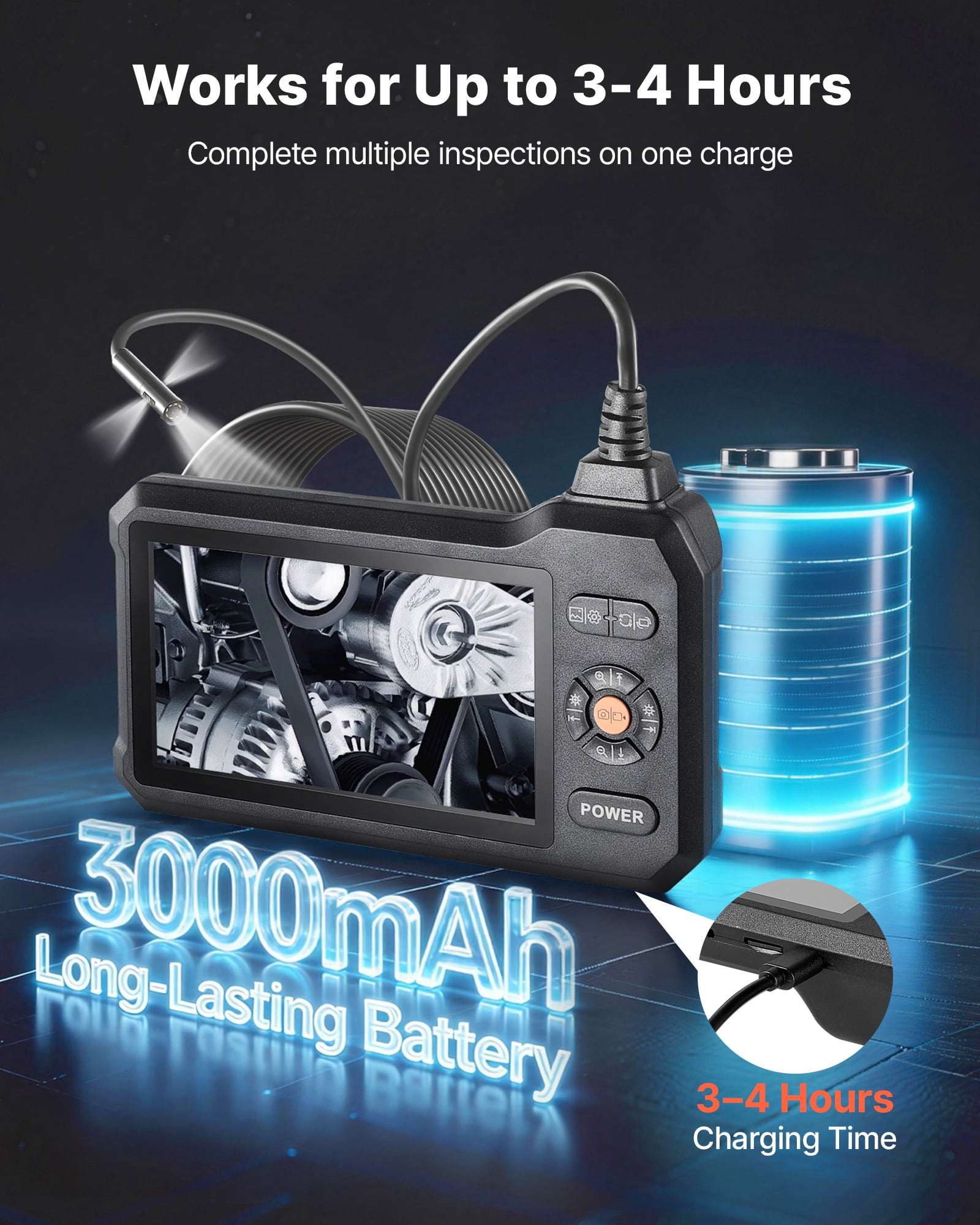 VEVOR Triple Lens Endoscope with Light, 5" HD IPS Screen Industrial Borescope, 1280 x 720 Lens, 8 + 2 LEDs, 8X Zoom, IP67 Waterproof Inspection Snake Camera for Auto, Plumbing (16.4FT Rigid Cable)