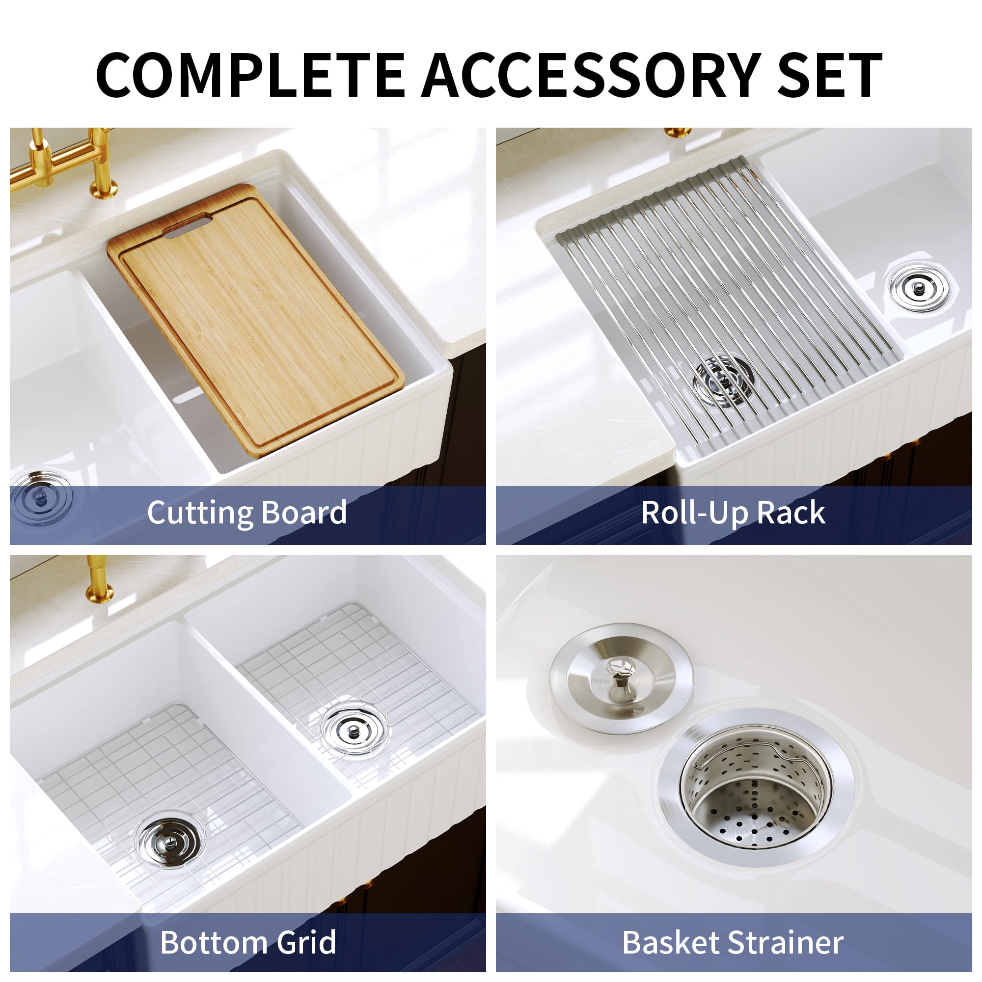 DeerValley 33 Inch Farmhouse Kitchen Sink, 50/50 Double Bowl White Fireclay Workstation Sink with Accessories, Apron Front Large Kitchen Sink for Homeowners, Families & Modern Kitchen Remodel
