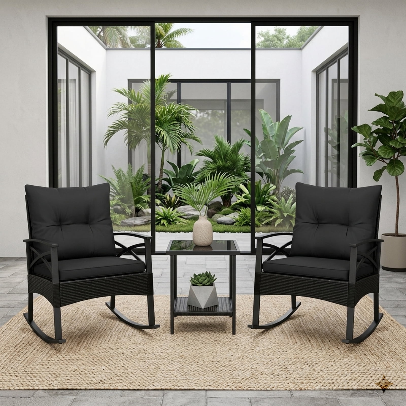 Furnibear Outdoor Rocking Chair for Lawn Patio Backyard Outdoor Metal 100 lbs Capacity Black Weather-Resistant Outdoor Furniture