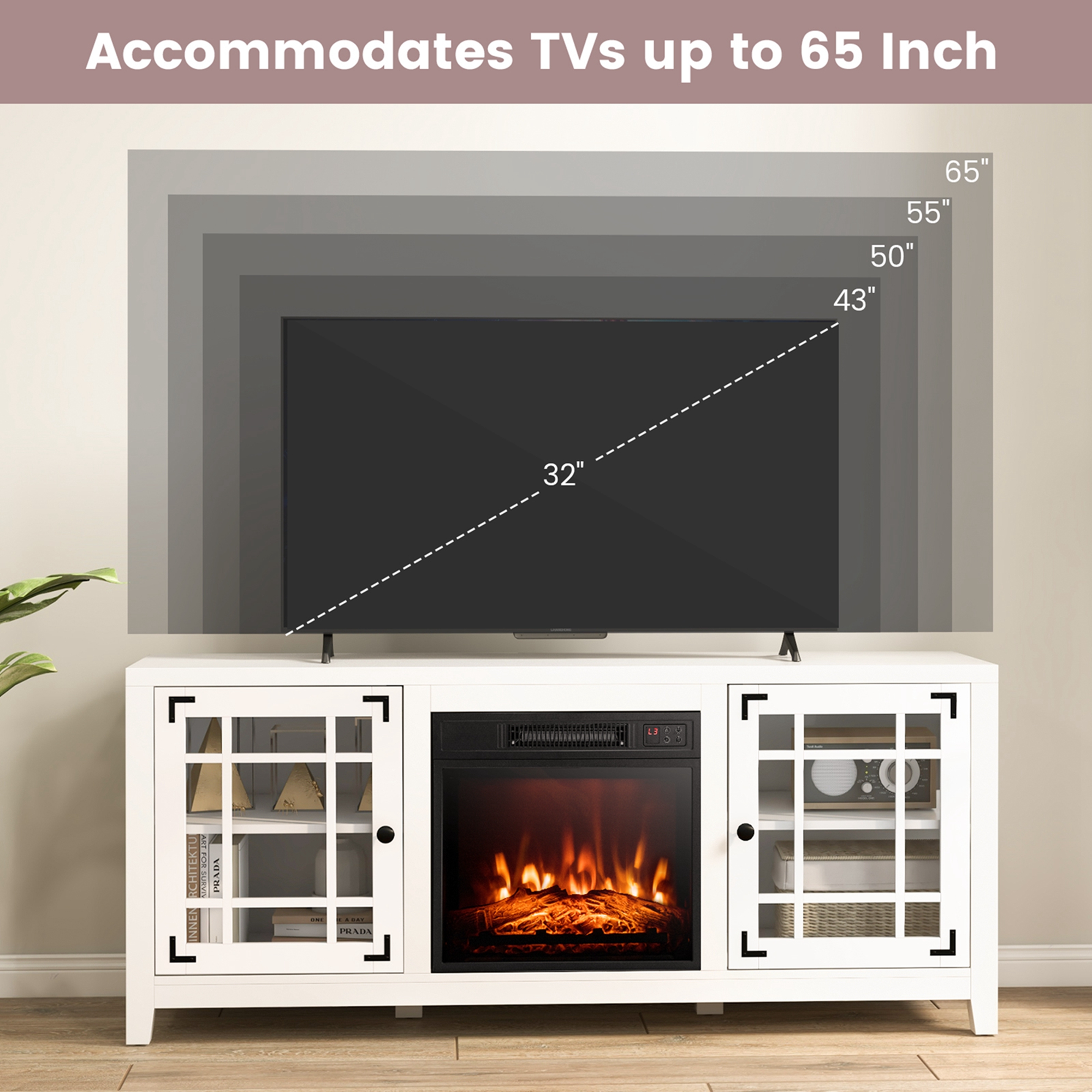 Costway 58 Inches Fireplace TV Stand for TVs up to 65 Inches with 1400W Electric Fireplace White