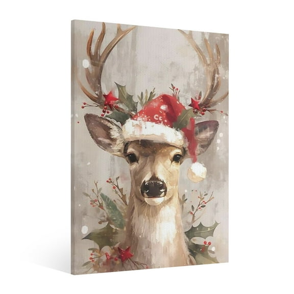 Vintage Christmas reindeer Wall Art Paint Framed - Retro Xmas Festive Winter Holiday Christmas Wall Decor Canvas Print for Living Room Kitchen Bathroom Home Bedroom Decor