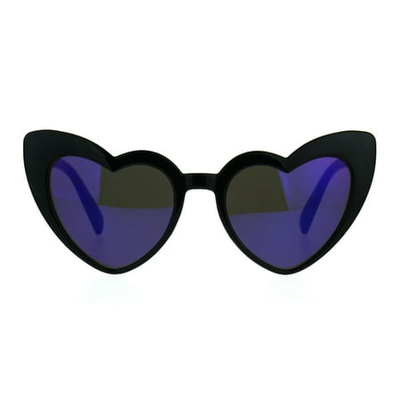 Womens Heart Shape Color Mirror Cat Eye Plastic Groovy Sunglasses Black Blue