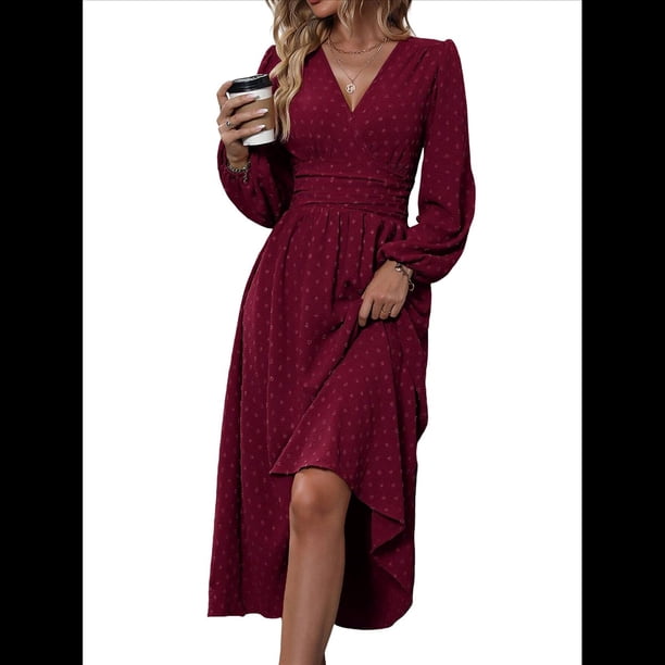 Vestidos Largos Bohemios de Otoño para Mujer, con Cuello en V, Lunares, Cintura Alta, Corte A y Volantes, para Vacaciones. Vino Tinto M