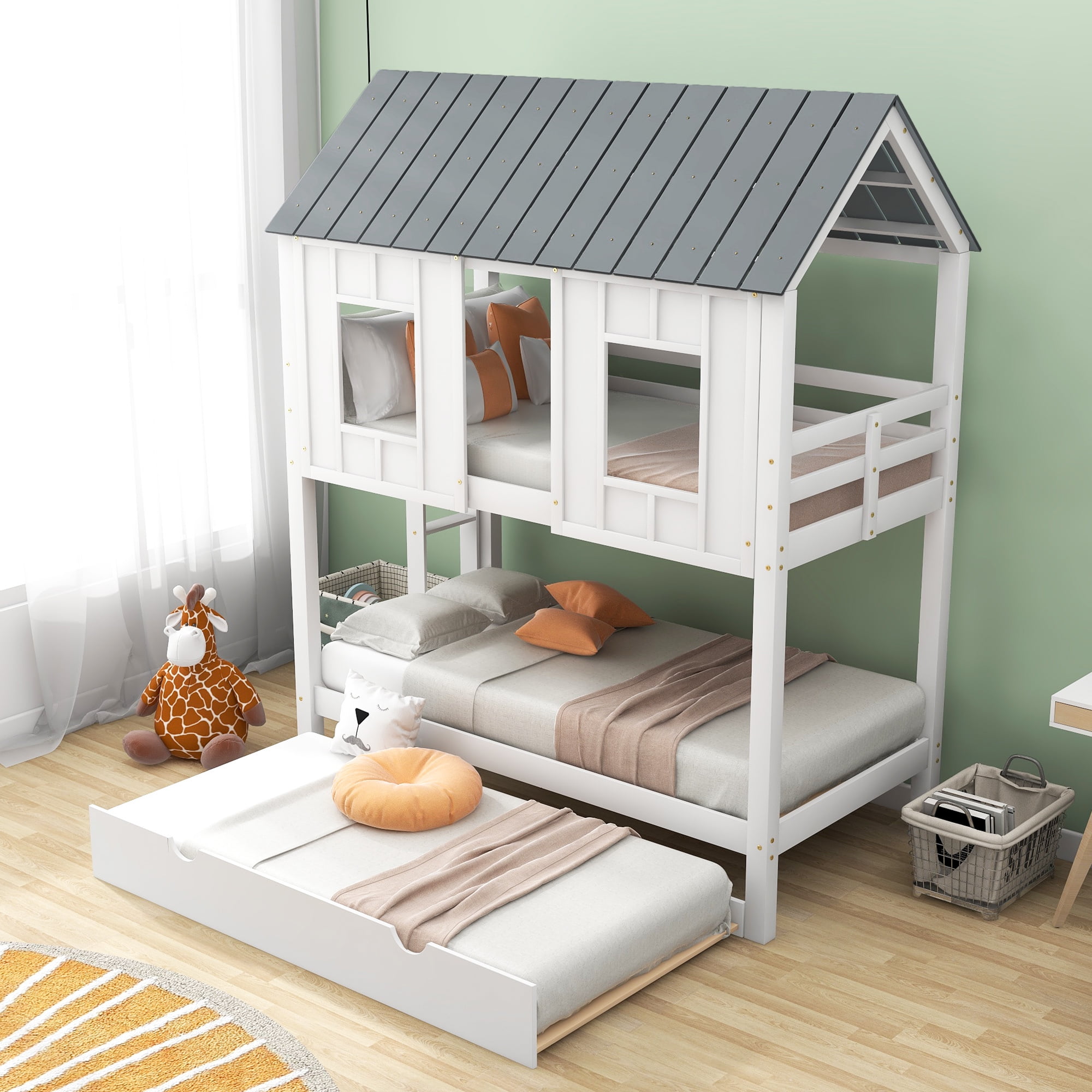 EUROCO Twin Size House Bunk Bed with Roof and Trundle for Kids Teens Bedroom, White