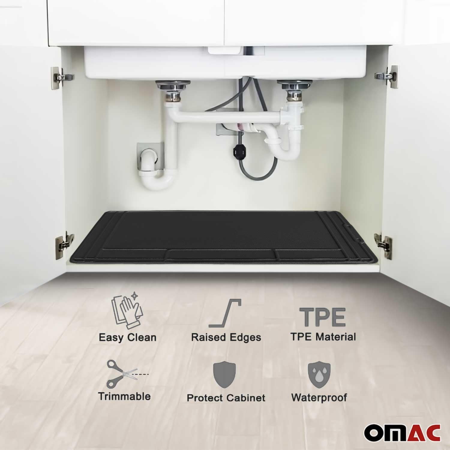 2  Under Sink Mat for Kitchen & Bathroom 34" x 22" Adjustable Waterproof Cabinet Protector for Drips Leaks Spills Filexible Durable Multifunctional Under Sink Liner Rubber TPE (Black)