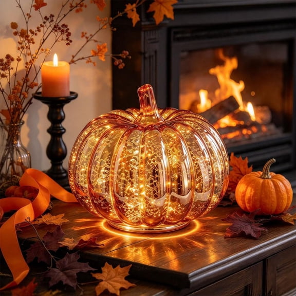 Fall Mercury Glass Light up Pumpkin Decor Fall Decoration for Home Thanksgiving Lamps for Festive Decoration Halloween Decorations Starry Night Pumpkins Tabletop Centerpiece Fall Home Decor