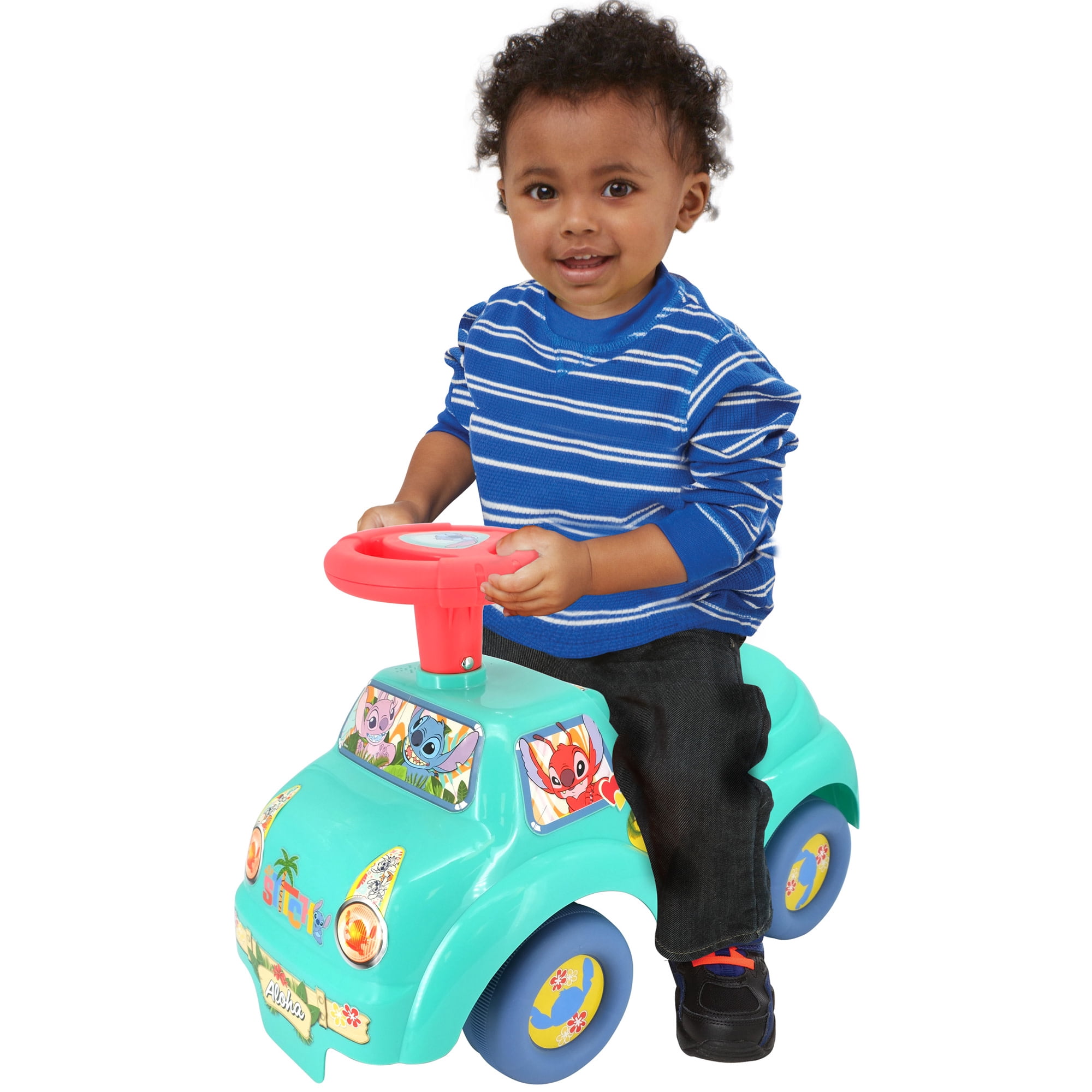 Kiddieland: My First Ride-On - Stitch - Teal & Red, Disney Character Lights & Sounds Foot-To-Floor Vehicle, Spin Roller & Steer Wheel, Toddler 12-36mo